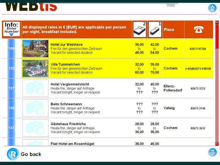 Englisch: Ergebnisliste „Hotel/Gasthof”